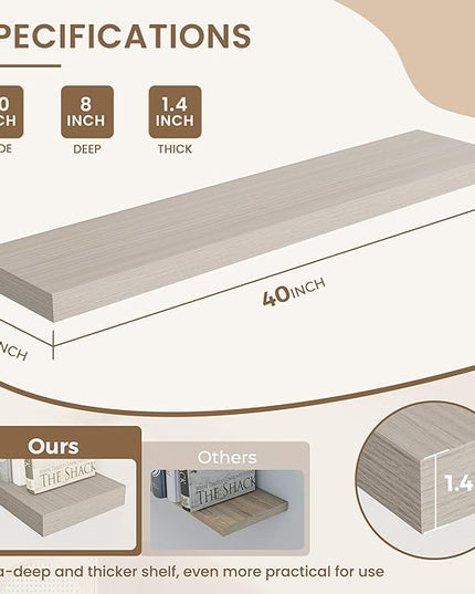 Dreamland Deep Floating Shelves, 8" Deep Long Shelves Set of 2, 40 Inches Floating Shelf for Wall,Large Display & Storage Shelf for Bathroom Bedroom Living Room Kitchen Office, Grey