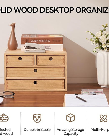 Kirigen Natural Wood Desktop Organizers with Drawers - Home Workspace Office Supplies Wooden Storage Box Shelf Case - Hold Makeup Box (NA, 3-Layer &4 Drawers)