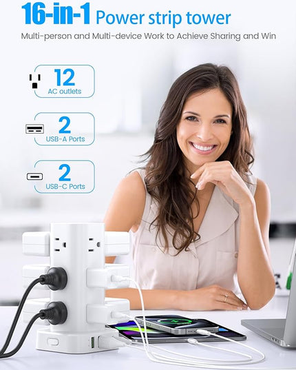 Tower Power Strips with Surge Protection, 6FT Flat Extension Cord with Multiple Outlets, 12 AC 4 USB Ports, Overload Protection Charging Station for Office Home Dorm Room Travel (White)