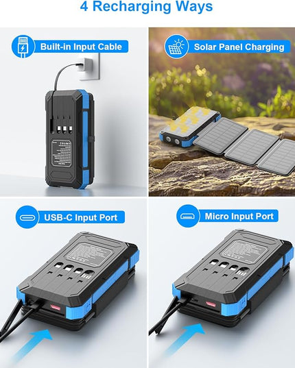 Solar Charger Power Bank 49800mAh with 4 Built-in Cables & 3 Foldable Panels, PD22.5W Fast Portable Phone Charger, External Battery Pack with USB-C in/Output & Flashlight for Outdoor Camping