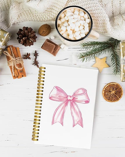 JKBMN Trendy Coquette Pink Bow Jonrnaling Notebooks, Preppy Aesthetic Spiral Notebook for Girl, Cute Pink Notebook Journal, Pink Office Supplies, Hardcover Spiral Notebooks College Ruled 5.5 x 8.3