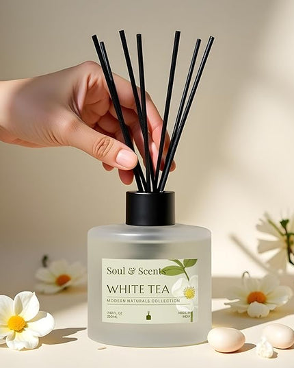 Soul & Scents Reed Diffuser Set – White Tea | 7.43 oz Refillable Scented Oil with 6 Fiber Sticks | Long-Lasting Home Fragrance & Air Freshener for Bedroom, Bathroom, Office | Gift & Décor Piece