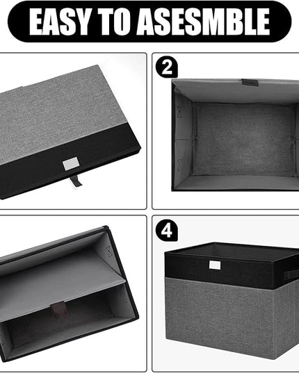 Large 17" 42 Quarts Collapsible Stackable Storage Bins with Lids [3-Pack] Foldable Fabric Linen Storage Boxes Cube, Closet Organizer Baskets with Label for Home (16.7 x 12 x 12", Black & Gray)
