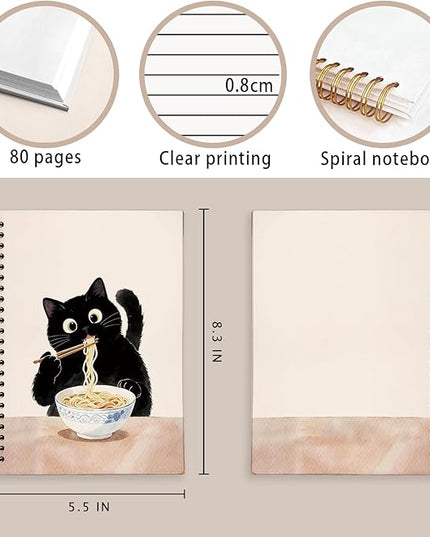LIANHW Funny Black Cat Notebook, Cats Lover Gifts Notebooks for Note Taking, Cats Mom Lady Gifts Journal, Black Kitten Eat Noodles Journals for Writing, Cat Office Supplies, 5.5x8.3 Inch