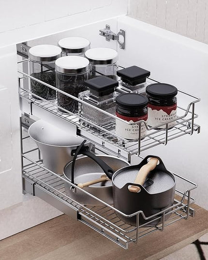 2 Tier Pull Out Cabinet Organizer 11" W X 17" D, Slide Out Drawers for Kitchen Cabinets, Pull Out Drawers for Cabinets Capacity Heavy Duty Caddy, Cabinet Pullout Shelves Chrome-Plated,Bathroom Pantry