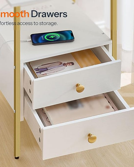 HOOBRO End Table with Charging Station, Bedside Table with 2 Drawer & USB Port & Type-C Port, Nightstand for Small Spaces, Stable and Sturdy, for Living Room, White and Gold DW43UBZ01
