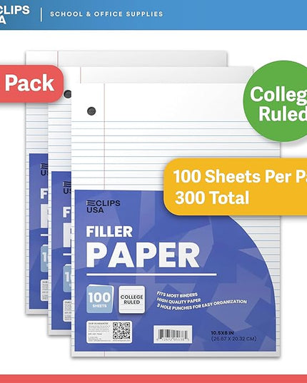 Loose Leaf Paper College Ruled Notebook Paper College Ruled Lined Writing Filler Paper 10.5” x 8” 300 Sheets 100 Sheets Per Pack 60 gsm (3 Pack)