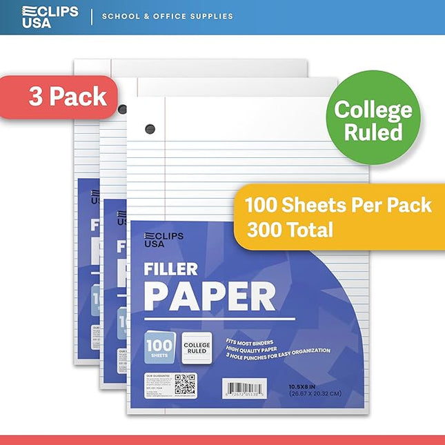 Loose Leaf Paper College Ruled Notebook Paper College Ruled Lined Writing Filler Paper 10.5” x 8” 300 Sheets 100 Sheets Per Pack 60 gsm (3 Pack)