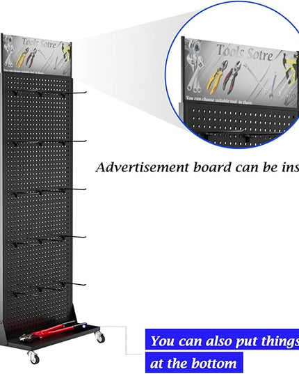 Metal Pegboard Panels - Double Sided Peg Board Shelving with 30 Hooks,63x23x15 in,Portable Peg Board Organizer for DIY, Kitchen Decoration,Mobile Phone Shop/Black