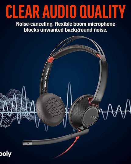 Poly Blackwire 5220 Wired Headset - Flexible Boom Mic - Noise Cancelling Headphones with Mic - USB-C, USB-A, 3.5mm - Ergonomic Over-Ear Design - Works with Microsoft Teams, Zoom - Work from Home