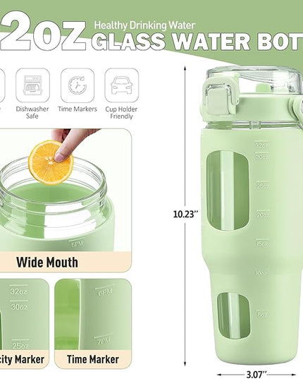 BLUEGO 32oz Glass Tumbler with Lid and Handle, Iced Coffee Cup with Straws, Glass Water Bottle with Silicone Sleeve and Volume, Marker Glass Cup with Time Marking, BPA Free, Green