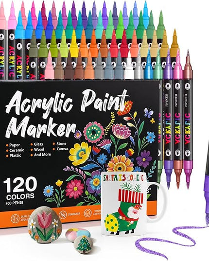 WINSONS 120 Colors Acrylic Paint Markers Dual Tip Dual Colors Brush Tip Pens for Rock Painting Supplies, Canvas, Wood, Calligraphy, Metal, Glass, DIY Crafts Art Supplies Kit (120 Colors - Dual Colors)