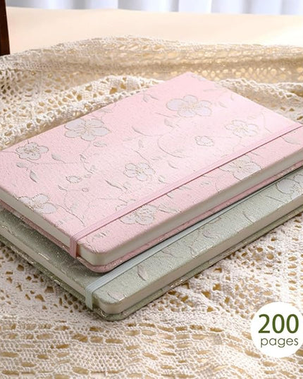 A5 Notebook, Ruled Paper, Lined Page, Hardcover, Layflat, Linen Cover, Flower Fabric, Journal for Women, Elastic Band Closure, Cute Notebooks for School, Office, Personal Writing, Green