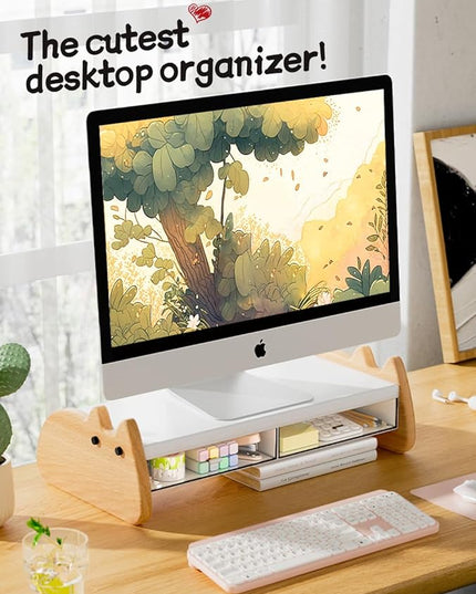 Monitor Stand Riser,Wooden & MDF Computer Desktop Stand with Acrylic Drawer,Laptop Stand Riser Holder ,Table Holder Desk Organizer Storage Stand for Laptop,Printer,TV,15.7 inch,Cute Cat