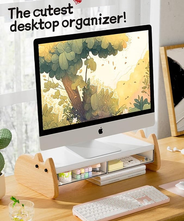 Monitor Stand Riser,Wooden & MDF Computer Desktop Stand with Acrylic Drawer,Laptop Stand Riser Holder ,Table Holder Desk Organizer Storage Stand for Laptop,Printer,TV,15.7 inch,Cute Cat