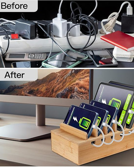 Bamboo Charging Station for Multiple Devices, Cell Phone Docking Charging Station Organizer, Nightstand Bedside Desk Device Charger Organizer for Laptop, Tablets and iPads