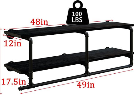 Wall Mounted Clothes Rack 12 Inch Deep, 48 Inch Heavy Duty Garment Rack with Real Black Wood Shelf, Multi-Purpose Hanging Rod & Space-Saving Closet Storage Organizer
