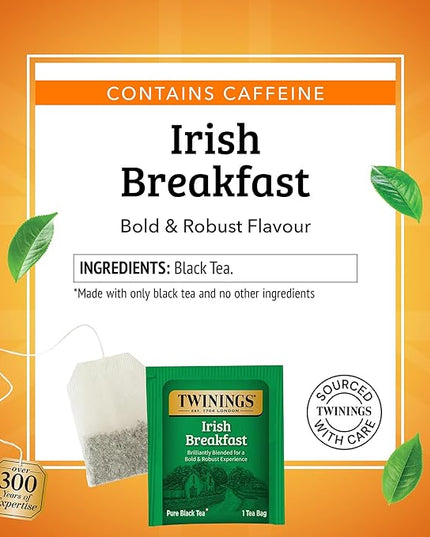 Twinings Irish Breakfast Black Tea Individually Wrapped Bags, 50 Count (Pack of 6), Flavourful, Bold, Robust, Caffeinated, Enjoy Hot or Iced, 300 Teabags
