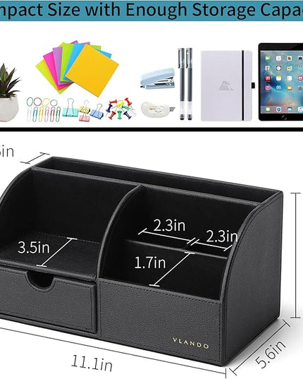 Vlando Office Desk Organizer Leather Desktop Organizer Caddy with Drawer for Storing Desktop Supplies and Accessories (Black)