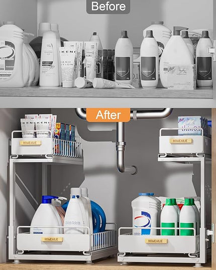 Under Sink Organizer, High Adjustable 2 Tier Under Kitchen Sink Organizer, Multi-Purpose Storage Shelf for Kitchen Bathroom Cabinet, White