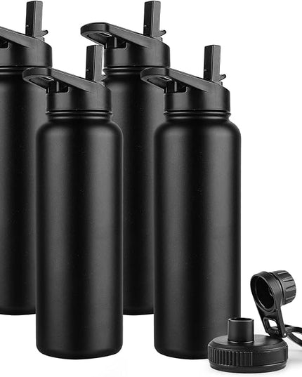 DOMICARE 40 oz Insulated Water Bottle Bulk, Vacuum Insulated Stainless Steel Sports Water Bottle with Straw Lid & Spout Lid, Leakproof, Reusable - Travel, Camping, Bike, Black (4 Pack)