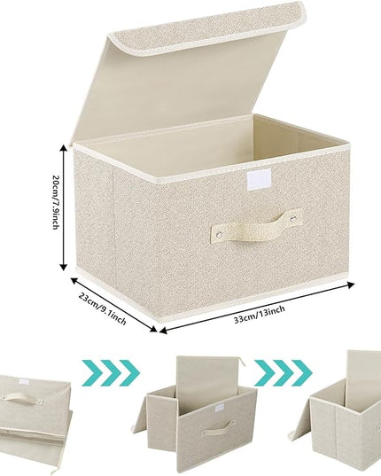 Storage Boxes, Collapsible Storage Bins with Lids, Cotton and linen cloth Storage Baskets with Handle, for Books, Closet, Bedroom, Home, 13x9.1x7.9 in, Grey and Beige