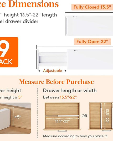 Lifewit 9 Pack Drawer Dividers 5" High, 13.5-22" Adjustable Clothes Organizers, Expandable Dresser Separators in Bedroom/Bathroom/Kitchen/Office, PLS5