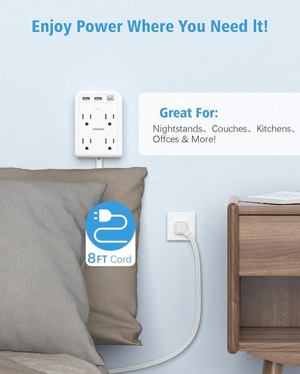 Flat Plug Outlet Extender with 3 USB Wall Plug(1 Type C), 4 AC Socket Wall Adapter, Electrical Outlet Extender, Power Strip Surge Protection with 8 ft Thin Extension Cord. White