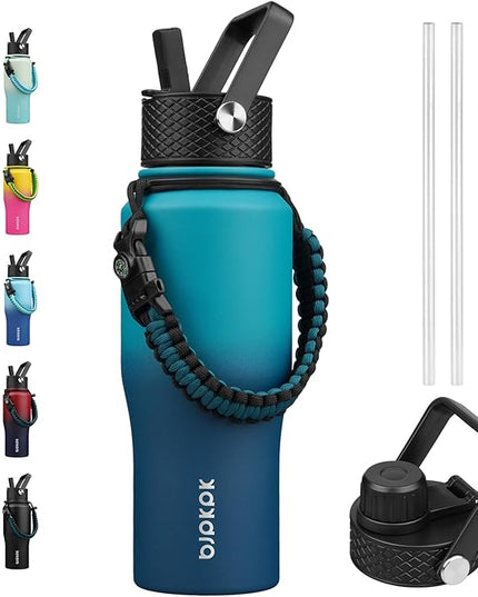 BJPKPK Insulated Water Bottles with Straw Lid, 23oz Metal Water Bottle with 2 lids & Paracord Strap, Double Wall Stainless Steel Vacuum Tumblers, Cups, Mugs, Thermo for Hot& Cold Drinks, Sea
