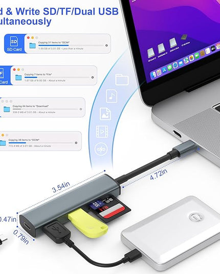 USB C SD Card Reader, Memory Card Reader with 60W PD Charger Adapter SD Card Adapter with SD/TF/USB 4 Ports for iPhone 15/16 iPad Pro MacBook Pro/Air iMac Android and More USB-C Devices