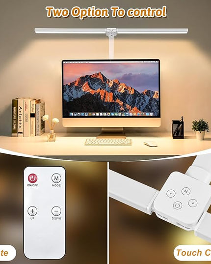 Double Head LED Desk Lamp with Remote Control for Home Office 24W Brightest Computer Desk Light for Workbench Drafting Architect Study Reading with Clamp and Base