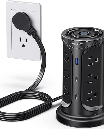 Tower Surge Protector Power Strip Flat Plug with 12 AC Outlets 3 USB Ports(2 Type C), 6.5 FT Ultra Flat Extension Cord with Multiple Outlets, Outlet Extender with Screw Wall Mount for Home Office Dorm