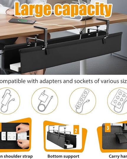 Oxford Cloth Under Desk Cable Management Tray,No-Drill 36" Desk Cable Management Organizer with Clip/Screw Installation,Fabric Cable Management for Home,Office & Gaming Computer(Black)