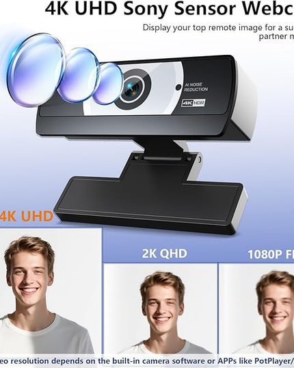 4K Webcam for PC - 4K Ultra HD Computer Camera with PDAF Autofocus, AI Noise-Canceling Mic, USB Plug & Play, 80° FOV & Auto Lighting Correction for Laptop & Desktop (Social Streaming Video Call)