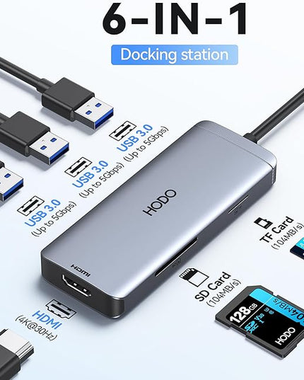 USB-C Hub Multiport Adapter for MacBook Air/Pro - 6 in 1 HDMI Dongle with 4K, USB 3.0 Ports, SD/TF Card Reader for MacBook m1/m2/m3/m4, Dell XPS, HP, Lenovo, Surface and Other Type-C Devices
