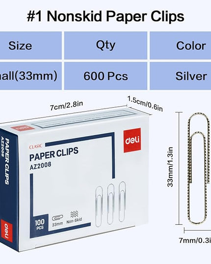 Deli #1 Nonskid Paper Clips, 600 Medium Paper Clips, 6 Boxes of 100 Each, Silver