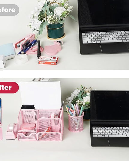 Desk Organizers and Accessories, Office Supplies 15PS Set with Stapler, Staple Remover, Pen Holder, Clips Set, Tape Dispenser, Tape, Phone Holder, 1000 Staples, Ruler, Scissors （Pink）