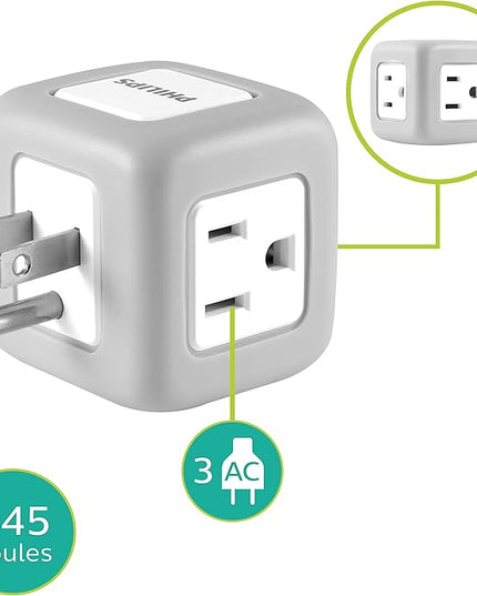 Philips 3-Outlet Extender, Surge Protector, Charging Station, Grounded Wall Tap, 3-Prong, Space Saving Design, Gray, SPP3002GR/37