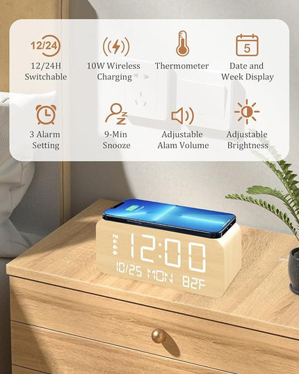 Digital Alarm Clock, with Wooden Electronic LED Time Display, 3 Alarm Settings, Humidity & Temperature Detect, Wood Made Electric Clocks for Bedroom, Bedside (Yellow-Wireless)