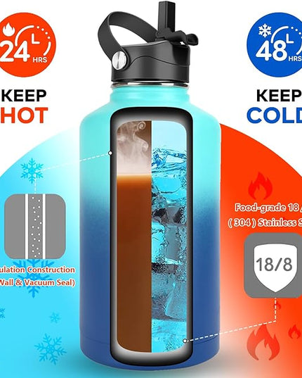Water Bottle Insulated 32oz 40oz 64oz 128oz Straw Lid Spout Lid & 3 Lids, Leak Proof, Vacuum Insulated,Stainless Steel Water Bottle Wide Mouth for Sports, Gym or Office