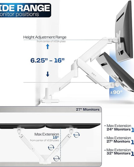VIVO Dual Monitor up to 32 inches and 19.8 lbs per Screen, Mechanical Arm Desk Mount, Articulating Counterbalance, VESA Stand, Classic, White STAND-V002OW