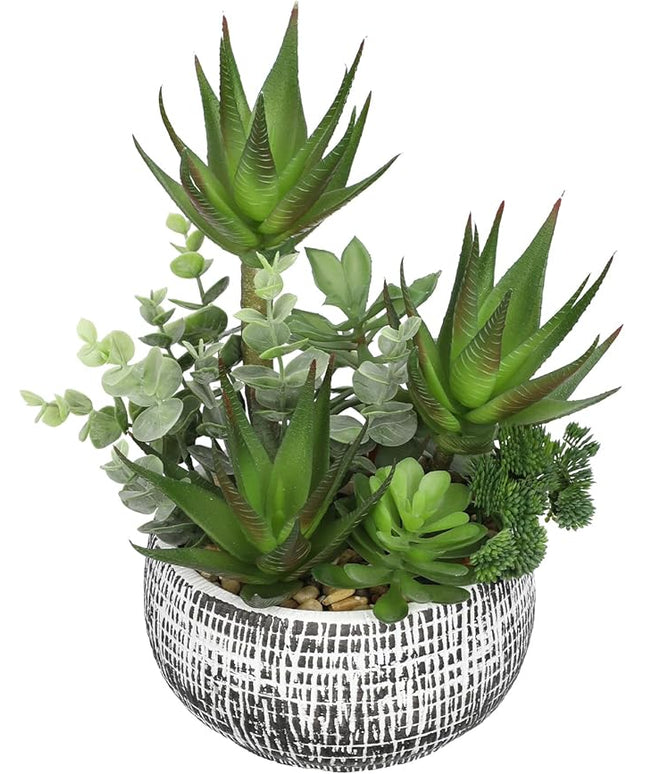 11” Large Succulents Aloe Plants Artificial in Ceramic Pots Potted Faux Succulent Eucalyptus Arrangement with Black Bowl Pots Fake Desk Succulents Plants for Home Bathroom Shelf Table Indoor Decor