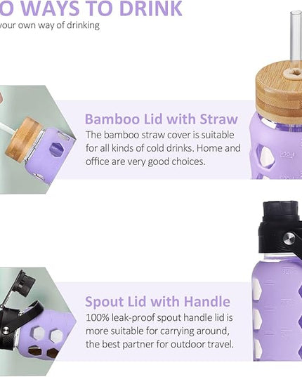MUKOKO 32oz Glass Water Bottles with 2 Lids-Handle Spout Lid&Bamboo Straw Lid, Motivational Water Tumbler with Time Marker Reminder and Silicone Sleeve, Leakproof-Purple-1 Pack