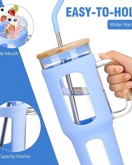 Glass Tumbler with Lid and Straw, 46 oz Iced Coffee Cup with Handle, Large Water Bottles with Silicone Sleeve, Glass Cup with Straws - Pearl Straw & Drinking Straw BPA Free-Glacier