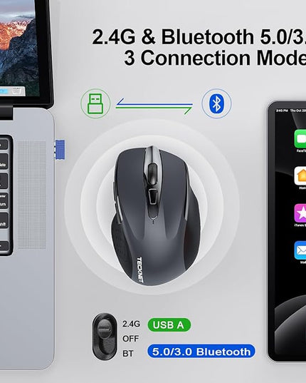 TECKNET Wireless Mouse (BT5.0/3.0 & 2.4G) Rechargeable 4800 DPI Silent USB A & Bluetooth Mouse 6 Buttons, Wide Compatibility - Grey