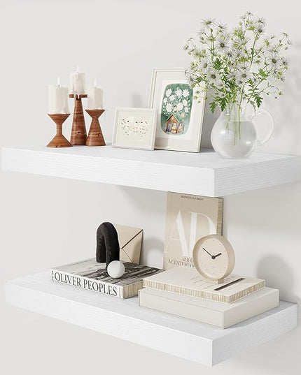 12 Inch Deep White Floating Shelves, 24 x 12 Floating Shelf for Books, Rustic Wood Deep Wall Shelves for Home Storage & Display, 2" Thicked Shelves for Kitchen, Living Room, Bedroom, 2 Pack