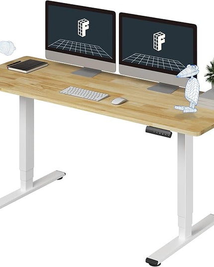 FlexiSpot E6 Solid Wood 3-Stage Dual Motor 63 x 24 Electric Standing Desk, Holds 220 lbs, Adjustable Height w/ Memory Presets, Butcher Block Rubberwood Desktop & White Frame, Ships in 2 Boxes