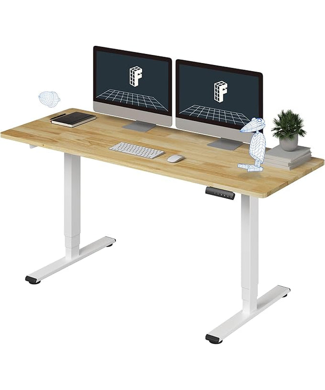 FlexiSpot E6 Solid Wood 3-Stage Dual Motor 63 x 24 Electric Standing Desk, Holds 220 lbs, Adjustable Height w/ Memory Presets, Butcher Block Rubberwood Desktop & White Frame, Ships in 2 Boxes