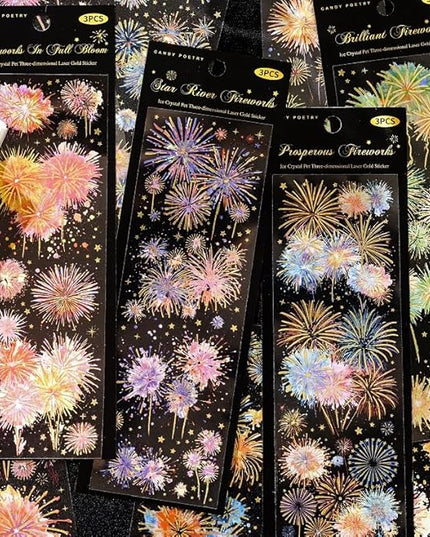 Holographic Fireworks Stickers for Journaling and Crafts, 12 Sheets Transparent PET Stickers for Scrapbooking, Junk Journal Supplies, Collage, DIY Paper Arts Decorative