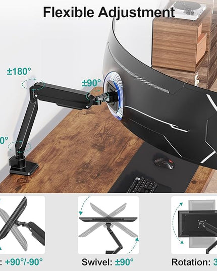 MOUNT PRO Heavy Duty Monitor Arm for 49 inch Ultrawide Screen up to 44 lbs, Single Desk Computer Mount Curved Monitor Stand for Samsung Odyssey G9, Adjustable Gas Spring VESA Mount 75x75 100x100